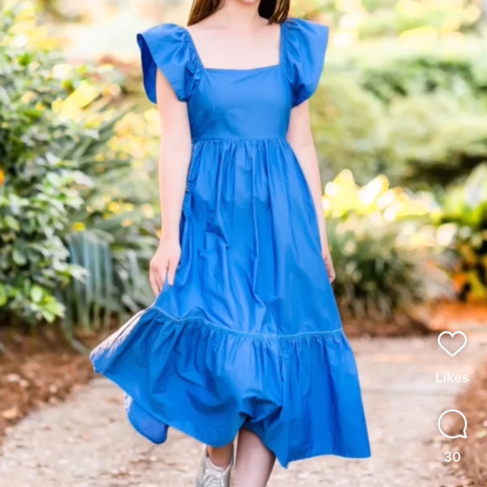 OLIVIA JAMES THE LABEL Blue Ruffle Shoulder Dress (M)
